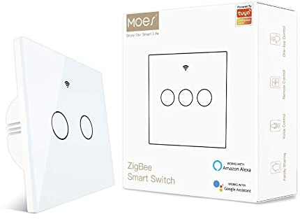 MOES Smart Switch, Benötigt Tuya ZigBee Hub, Kein Neutralleiter erforderlich, Kein Kondensator, Kompatibel mit Smart Life Tuya App Alexa Google Home, 2 Gang, Weiß | Kein Neutralleiter nötig, Kein Kondensator, ZigBee Hub erforderlich, Smart Life/Tuya, Alexa & Google, Unterputz 2 Fach