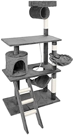 Wiltec Kratzbaum in Grau 141 cm hoch, Katzenbaum mit Sisal, Katzenkratzbaum mit Katzenhaus, Hängematte und Liegemulde, Kletterbaum für Katzen