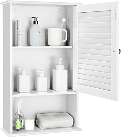 LIFEZEAL Pensile Bagno, in Legno, Mobiletto Bagno Salvaspazio, 42x17x70 cm, Pensile con Ante a Persiana e Mensola Aperta, Armadietto Sospeso con Ripiano Regolabile, Mobile da Muro per Cucina (bianco)