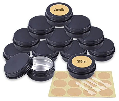 YANCAER 24 Pcs Matte Black Cosmetic Container Pots 10ml - D35mm x H17mm Aluminium Tin Jars with Screw Lids, Labels and Mini Spatula for Cream, Sample, Powder, Candle, Makeup Storage