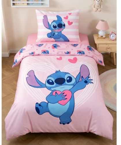 Stitch Bettwäsche 135x200+80x80 – Herz-Motiv Rosa – 100% Baumwolle Renforcé | Wendebettwäsche | Baumwolle Renforcé Öko-Tex | Disney Lilo & Stitch | Mädchen | Offiziell lizenziert | Einzelbett