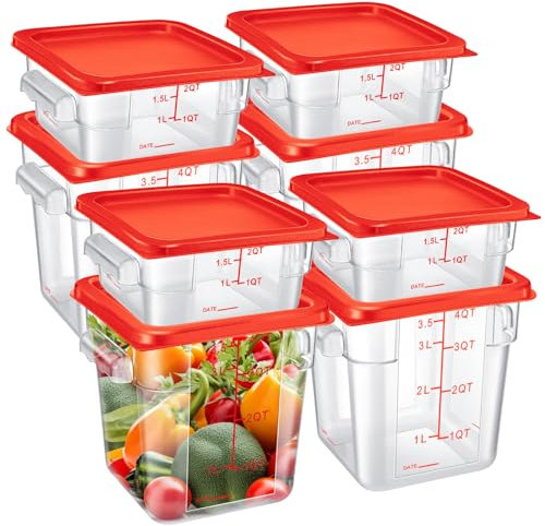 Suclain Set di 8 contenitori per alimenti con coperchio, quadrati e trasparenti, con manici in bilancia, per casa, ristorante, cucina, per marinare carne, impasti resistenti (rosso)