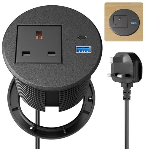Desk Power Strip with USB-C PD 20W, 80MM Recessed Grommet Socket, 2M Extension Cord, Black