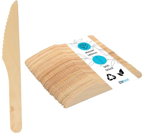 Enpack Einwegmesser aus Holz 500 Stück - umweltfreundliche holzmesser 165mm Partybesteck - Einweg Messer - Holzbesteck Einweg - wooden knife Messer aus Holz
