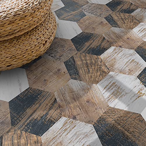 Neukids 50pcs Wood Look Floor Tiles,PVC Flooring Self Adhesive,Kitchen Bathroom Self Adhesive Tile stickers, Bedroom Living Room Balcony Office DIY Flooring Hexagon