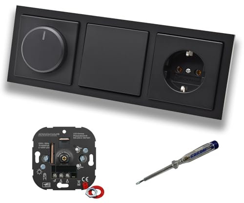 EBROM 1001 LED Drehdimmer Dimmer + Busch Jäger Dimmerscheibe 6540-885-102 + Taster 2020US + Steckdose 20EUC-885 Future Linear Schwarz matt + EBROM Phasenprüfer z. Montage der Geräte