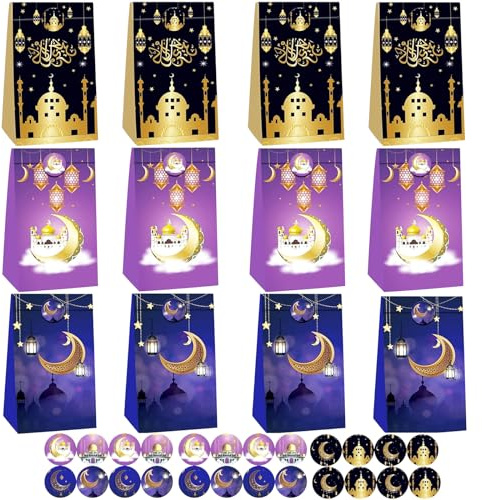 Seasboes Eid Mubarak-presentpåsar, Eid Mubarak-påsar, Ramadan-presentpåsar med 24 klistermärken, islamisk/muslimsk Ramadan-dekoration, godispåse, papperspåsar, 12 stycken