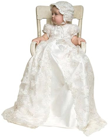 CAMDOM Vestiti lunghi da battesimo per bambino, 3 pezzi, in pizzo bianco, con cofano, Bianco, 3 Months