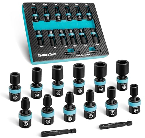 DURATECH 1/4 Drive Impact Universal Joint Socket Set, Swivel Socket Set, 14-Piece, Metric Impact Sockets (5-15 MM) with 2 Extension Bars, Cr-Mo Steel, Organized in EVA Foam Organizer
