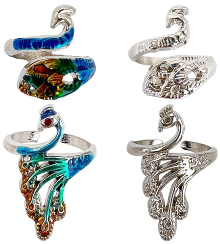 XKSOCT Anello in Metallo per Uncinetto,4 Pezzi Gancio Regolabile Accessorio Maglieria Ditale Guida Filato Supporto Dito Fai da Te Filati Artigianali Tessitura a Mano Linea Stile Pavone