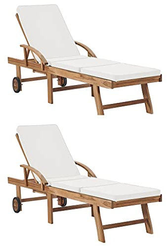 Rantry Sonnenliege mit Auflage Gartenliege mit Rollen Strandliege Relaxliege Holzliege Liegestuhl Möbel Rückenlehne und Fußteil Verstellbar 2 STK. Massivholz Teak Creme