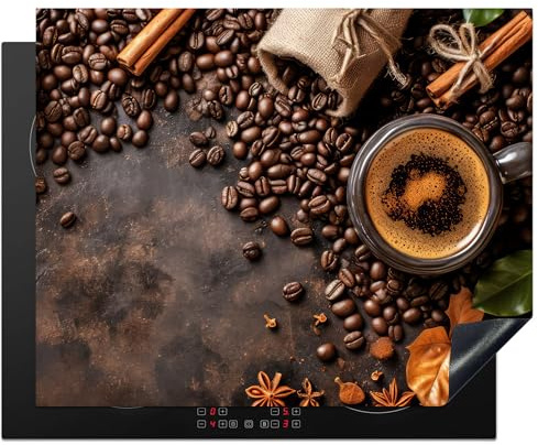 KitchenYeah© Induction Hob Cover Protector Mat Kitchen Universal Ceramic | 20.5x25.6 / 65x52 cm - Covers for Electric Cookers Vinyl Coffee - Kitchen - Coffee Beans - Leaves