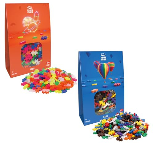 Plus Plus Bausteine - Pack 2 Packungen Mit 300 Neon & Basic Teilen | Puzzle Ab 5 Jahre Alt 600 Teile | Konstruktionsspielzeug Ab 5 Jahren | Kinder Spielzeug