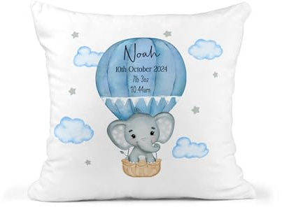 Personalised Baby Birth Announcement Cushion – Custom Name, Date & Weight – Blue Hot Air Balloon & Elephant Design – Newborn Gift, Christening Present, Keepsake for Boy or Girl