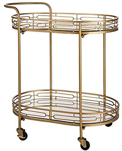 Suuim Servierwagen, Küchenwagen, Cateringwagen, Barwagen, oval, goldene Barwagen auf Rädern, Deluxe-Rollwagen aus Metall mit Spiegelglasplatte und 2 Ebenen