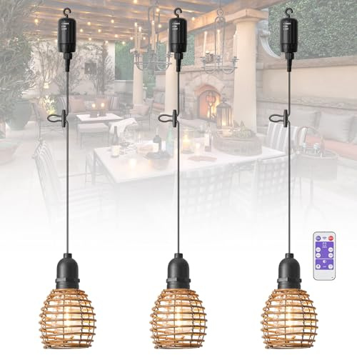 SUCIKORIO 3 Pack Hängande Lampor För Utomhusbruk Akku Boho Rattan Hängande Lampa Med Batteri, Vattentät Med Fjärrkontroll Dimbar Pendellampa Utan Ström För Tält, Camping, Trädgård, Dekorativ