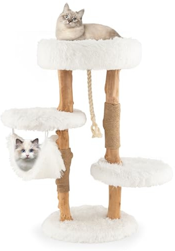 GYMAX Arbre à Chat 87CM à 4 Niveaux, Perchoir Supérieur Confortable, 2 Plates-Formes Rembourrées,1 Hamac, Griffoir en Bois Massif, Corde de sisal