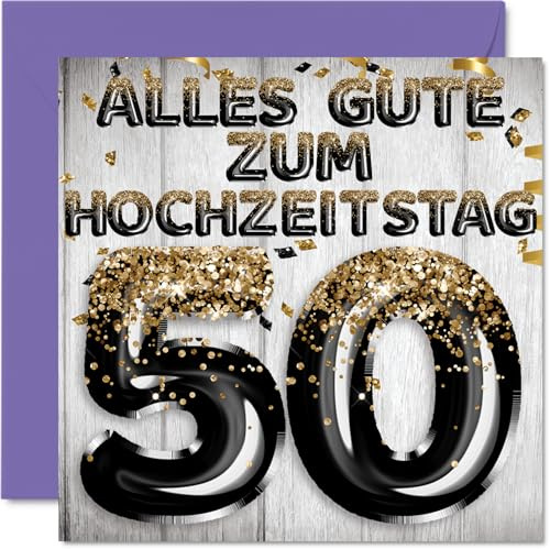 Stuff4 50. Hochzeitstag Karte Liebe, Schwarz Gold Glitzerballons | 50 Jahrestag Karte Hochzeitstag Geschenke für Mein Mann Ehemann Meine Frau Ehefrau, 145mm Glückwunschkarten
