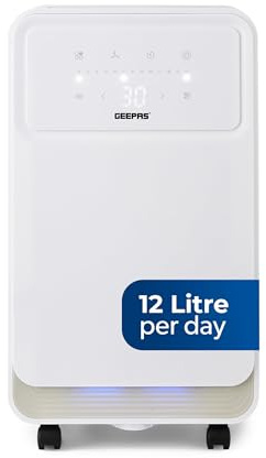 Geepas 12L/Day Dehumidifier – Portable Moisture Remover with Digital Display, 24H Timer, Continuous Drainage, Laundry Drying & Quiet Sleep Mode – Ideal for Damp, Condensation & Drying Clothes