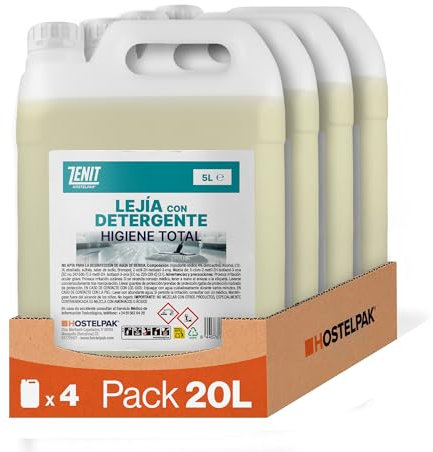 Hostelpak | 4 x 5 l | Lejía con Detergente Multiusos para hogar | Limpieza Profunda y Eliminación de Manchas | Limpieza baño