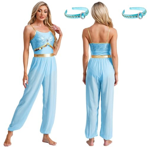 iiniim Damen Bauchtanz Kostüm Arabische Prinzessin Overall Jumpsuit mit Haarreif Orientalische Bauchtänzerin Indische Tanzkleidung Blau XXL