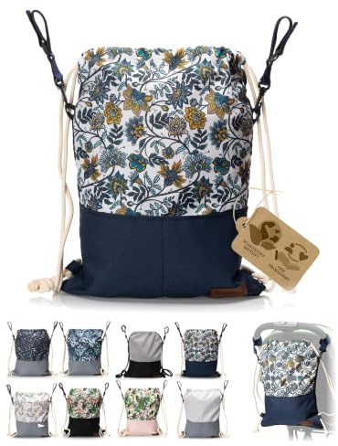 Wickeltasche Kinderwagen mit Rucksackfunktion, Modell 12 | leichter Beutel, wasserdicht & robust, mit Reißverschluss, Tunnelzug & Baumwollkordeln, für Alltag