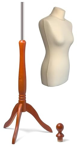 fella4stores Basic Schneiderpuppe, Damen Schneiderbüste aus PU Schaum, XL (44/46) mit Überzug Creme-weiß und Holz-Dreibein Mahagonibraun, in Höhe verstellbar, ideal für Kleiderpräsentation
