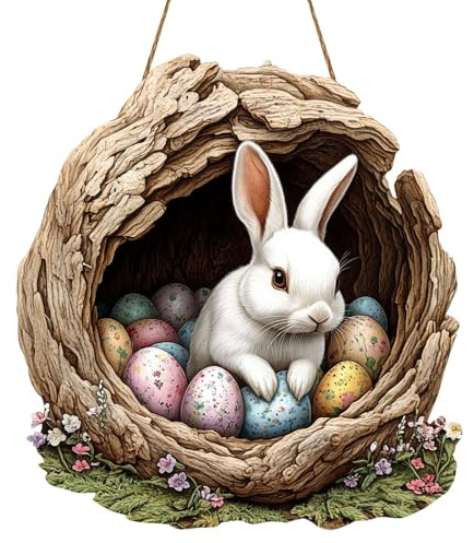 Türschild Ostern Haustür Osterkranz Türkranz Ostern Frühling Oster Außen Innen Türdeko zum Aufhängen Osterdeko Fenster Hängend Osterschmuck Holz Osterhase Deko Modern Frühlingsdeko Draussen (#18)