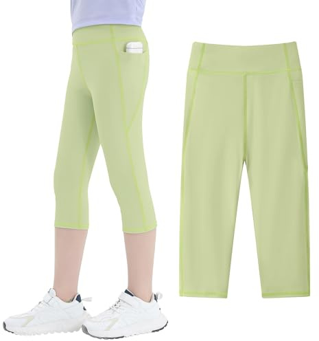 JinBei Sportleggings, flickor, capri3/4, sportbyxor med fickor, hög midja, barn, yogabyxor, träningsbyxor, knälånga joggingbyxor, elastiska, enfärgade leggings för fitness, gym, dans, GR.110–152, Grön