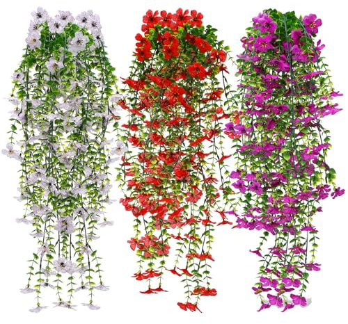 saerryor 6Pcs Artificial Hanging Flowers, Fake Violet Artificial Hanging Plants Flowers Bouquet UV-Resistant Plastic Trailing Plants for Wall Garden Wedding Home Party Indoor Outdoor Decor