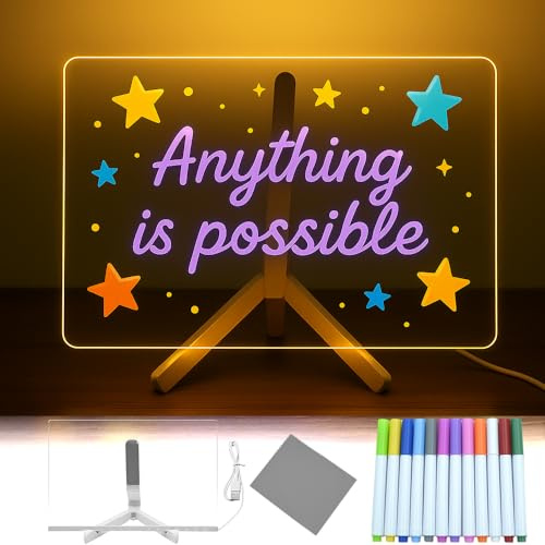 Praclife Tableau à note LED avec stylo 12 couleurs, 30 x 20 cm en acrylique lumineux, dessin, écriture, message, tableau magique pour l'école, le bureau, le café, la maison
