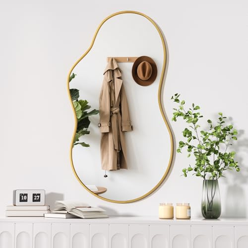 Hasipu Unregelmäßiger Wandspiegel Asymmetrischer Spiegel, 50 x 90 cm Dekorativer Spiegel für Schlafzimmer Badezimmer Wohnzimmer Eingangsbereich, Moderne Wanddekoration, Gold Rahmen