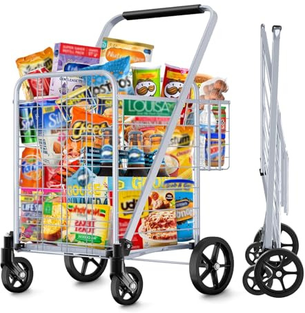 Borstom Carro de la Compra Jumbo Doble Cesta de 160kg Capacidad, Carrito de Supermercado Plegable para Almacenar de Ruedas 360° y Asa Acolchada, Ideal Supermercado y Lavandería