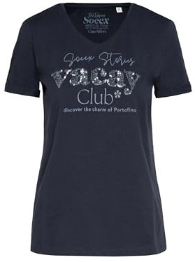 SOCCX Damen T-Shirt mit V-Ausschnitt und Pailletten-Artwork Deep Sea, L