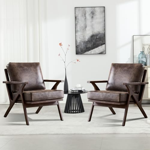INZOY Mid-Century Modern Accent Chair Set of 2, Breathable PU Leather Living Room Chair and Soft Thick Padded Armchair for Living Room Bedroom Reception with Removable Upholstered Cushions, Dark Grey