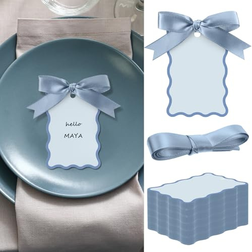 MotiMind Dusty Blue 100 Set Scallop Name Place Cards for Table Setting DIY Wedding Placecards Blank Gift Tags Include Name Table Cards and Ribbons for Wedding Birthday Party Celebration Supplies