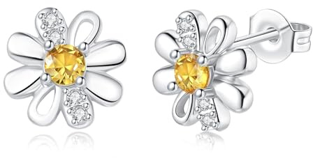DOA Daisy Sterling Silver Plated Stud Earrings, Silver Earrings With Zircondia Crystals, Yellow Flower Earring Jewellery Gifts For Girls