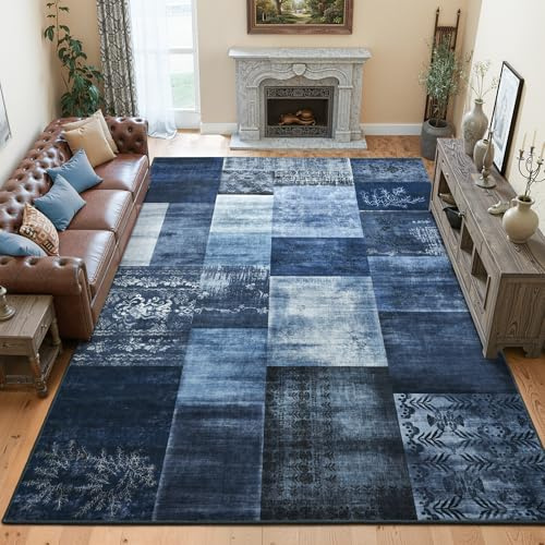 Tepook 8x10 Washable Area Rugs for Living Room Bedroom | Navy Blue Modern Geometric Patchwork Rug, Soft Carpet Non Slip Stain Resistant Throw Rug for Dining Room Office Home Decor