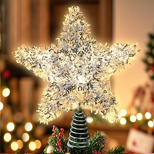 Joytry Weihnachtsbaumspitze Stern Silber Lametta Stern Baumspitze 10 Zoll Beleuchtete Baumspitze Batteriebetrieben Weihnachtsbaumdekoration Warmweißes Licht