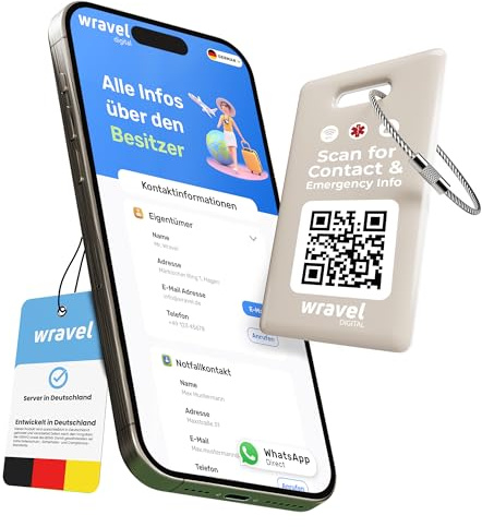 Digitaler Kofferanhänger mit NFC & QR-Code | Sicherer Gepäckanhänger mit digitalem Adressprofi | Privatsphäre Schutz, Finderlohn & Reiseinfos | für Reisen & Backpacking (Sandbeige)