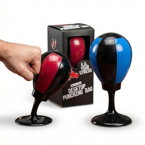 Schreibtisch Boxsack 16 cm – Mini Desktop Punching Ball mit Saugnapf & Metallfeder – Anti-Stress Gadget fürs Büro & Homeoffice – wählbar: zufällige Farbe Rot/Blau oder 2er-Set