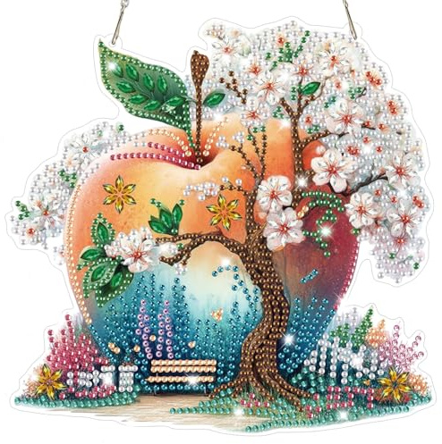 Lxmsja Apfel Diamond Painting Anhänger, 5D Kirschblüten Diamond Painting Fensterbilder für Erwachsene, Bastelset Kreativ Set Hängend Ornament Geschenke Tür Fenster Wand Eingang Decor