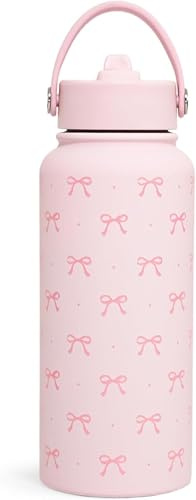 Pink Bow Water Bottle 1L (32oz) Insulated Water Bottle Stainless Steel Pink Girls Water Bottle with Straw for Women Girls, Birthday and Back to School Gift
