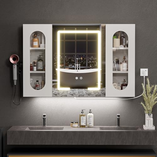 Spiegelschrank Bad mit Beleuchtung und Antibeschlag Funktion 100x65x16 cm Badezimmer Spiegelschrank mit Steckdose (2*AC + 3*USB), Haartrocknerständer und 3 Freistehende Staufächer für Badezimmer