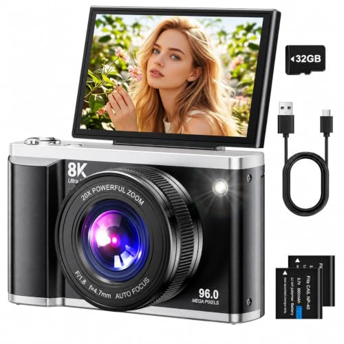 Cámara Digital 8K 96MP con WiFi, Zoom Digital 20X, Cámara de Fotos con Enfoque Automático y Estabilización Anti-Shake, Pantalla Abatible de 3,5 180°, Tarjeta SD de 32GB y 2 Baterías