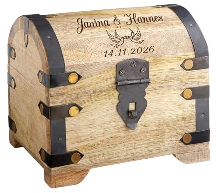 Casa Vivente Schatztruhe aus hellem Holz mit Gravur zur Hochzeit, Motiv Tauben, Personalisiert mit Namen und Datum, Verpackung für Geldgeschenke