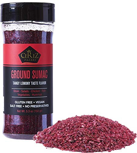 Cerez Pazari Natural Turkish Sumac Spice Powder Ground- 150g Premium Quality Easy to Use Flapper Spice Cap- Tangy Lemony Taste Flavor- Salt Free, Gluten Free, Middle Eastern and Mediterranean Spice