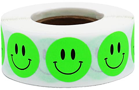 Happy Face Stickers - Fluorescent Green Happy Face Labels, 0.75 Inch Round Dots, 500 Total Adhesive Stickers for Rewards and Decorations - Made in The USA