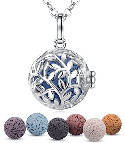 EUDORA Harmony Ball Colgante Arbol de la Vida Difusor Aromaterapia Mujer Collar de Arbol de la Vida Difusor Aromaterapia Aceites Esenciales, Collar Piedra Volcánica Joyería Bola de Lava 7pcs 18MM