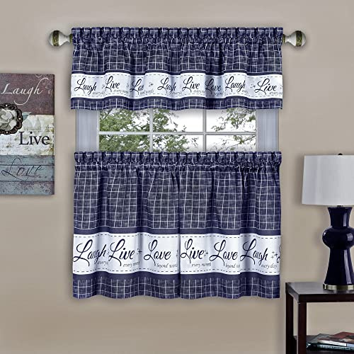 ACHIM Tier and Valance Window Curtain Set - 58 Inch Width, 24 Inch Length - Live, Love, Laugh (Navy) - Light Filtering Drapes for Kitchen, Bedroom, Living & Dining Room Home Decor